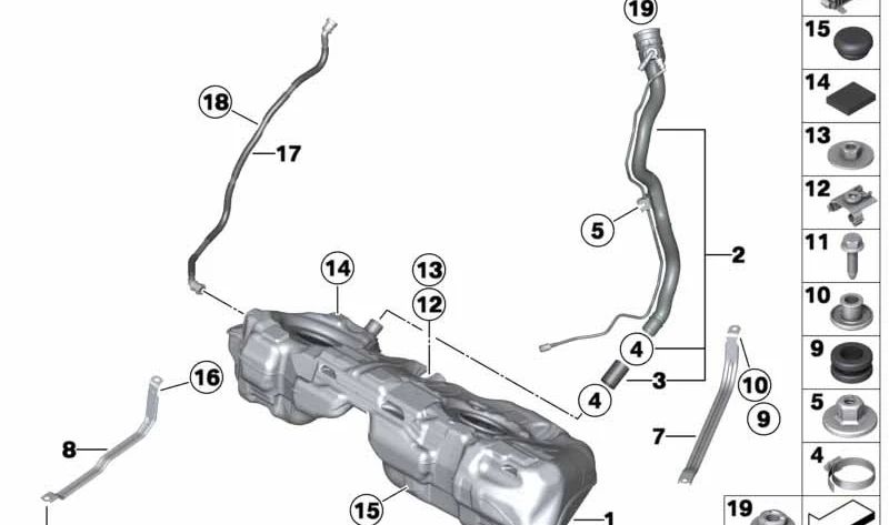 Depósito de Combustible de Plástico para BMW Serie 3 F30, F31, F34 y Serie 4 F32, F33, F36 (OEM 16117294609). Original BMW