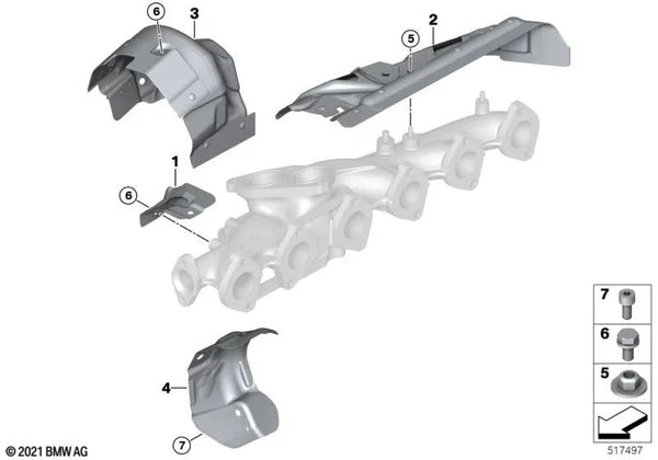 Placa protectora contra el calor del colector de escape para BMW Serie 5 G30, G31, Serie 6 G32, Serie 7 G11, G11N, G12, G12N, Serie 8 G14, G15, G16, X3 G01, G01N, X4 G02, G02N (OEM 11628573112). Original BMW