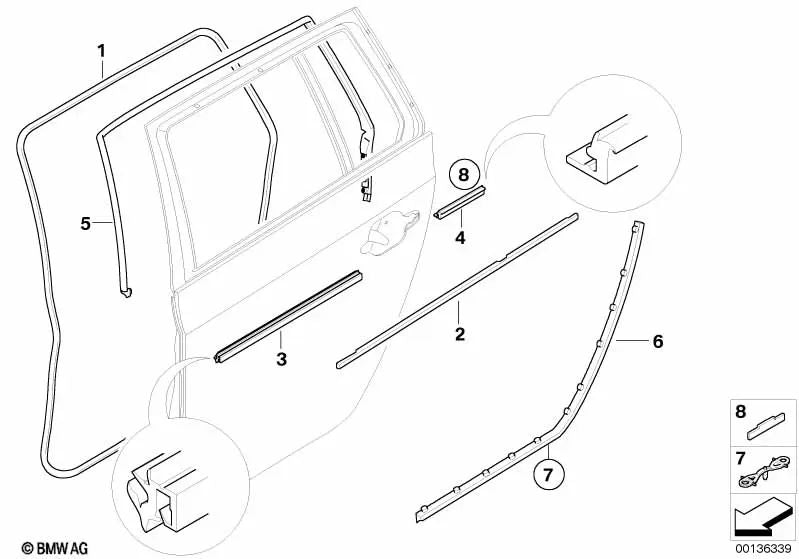 Sellado de canal interior puerta trasera derecha para BMW Serie 5 E60, E60N, E61, E61N (OEM 51227034308). Original BMW.