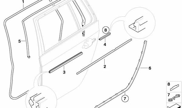 Junta hueco de puerta inferior trasera izquierda para BMW E60, E61 (OEM 51227033797). Original BMW