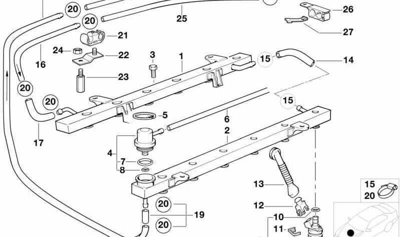 Tubería de retorno de combustible para BMW E38 (OEM 13531704095). Original BMW