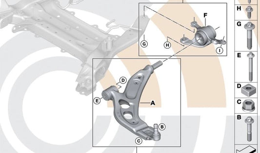 Kit de reparación de brazo de suspensión derecho OEM 31128843682 para BMW F40, F44, F45, F46, F48, F49, F39. Original BMW.