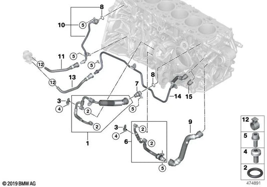 Conducción de culata a turbocompresor para BMW Serie 5 G30, G31, Serie 7 G11, G12, X5 G05, X6 G06, X7 G07 (OEM 11538575755). Original BMW.