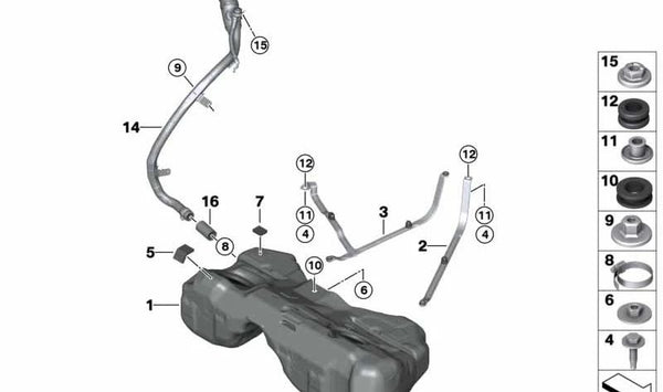 Tubo de llenado de combustible OEM 16117354375 para BMW G32 (Serie 6 Gran Turismo). Original BMW.