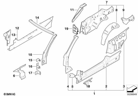 Left B-pillar inner reinforcement for BMW E93, E93N (OEM 41007179557). Original BMW.