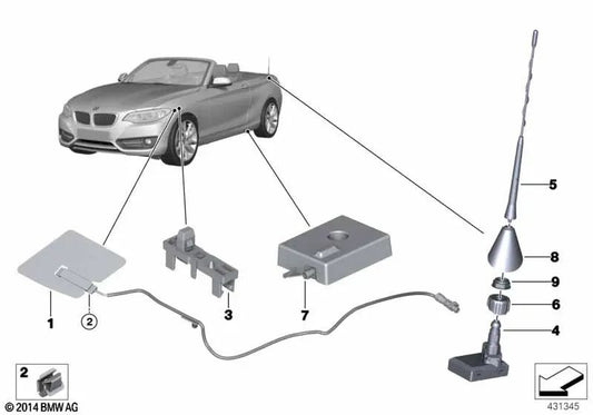 Short AM/FM/TEL antenna for BMW F23 (OEM 65209308115). Genuine BMW