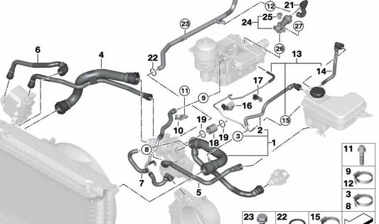 Coolant hose for BMW E65 (OEM 17127789027). Original BMW