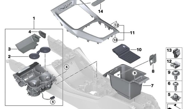 Compartimento Porta Bebidas para BMW X3 F97N, G01N, G08F, G08N, X4 F98N, G02N (OEM 51165A192C1). Original BMW