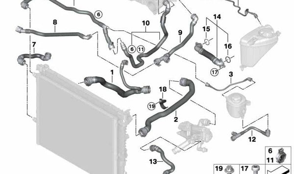 Soporte de tubería de refrigerante OEM 17128654875 para BMW G30, G31, G32, G11, G12, G14, G15, G16. Original BMW.