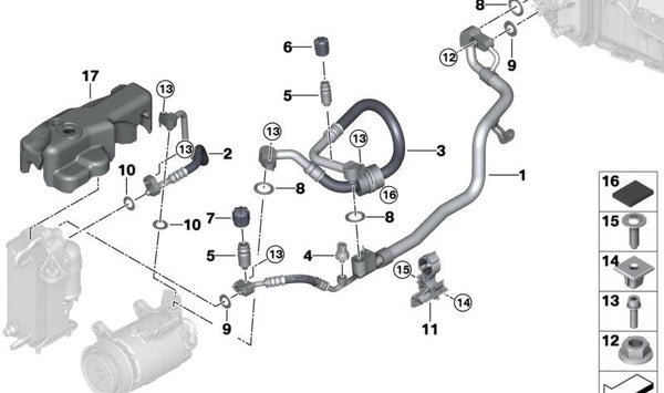 Tubería de aire acondicionado entre compresor y condensador OEM 64539860607 para BMW G30, G31, G32, G11, G12, G14, G15 y G16. Original BMW.