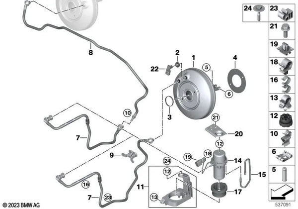 Soporte de la línea de frenos para BMW Serie 1 F40, F52, Serie 2 F44, F45, F46, X1 F48, F49, X2 F39 (OEM 21526858650). Original BMW