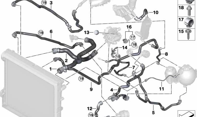 Tubo del Módulo de Aspiración del Refrigerador de Refrigerante para BMW X3 G01, G01N, G08, X4 G02 (OEM 17129894741). Original BMW