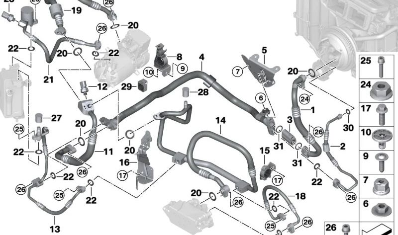 Tubería de gas refrigerante OEM 64505A01C90 para BMW (Modelos compatibles: E46, E90, E91, E92, E93, E60, E61, F10, F11). Original BMW.