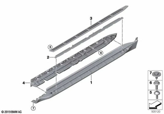 Estribo lateral derecho para BMW G06 (OEM 51777469426). Original BMW