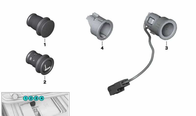 Toma de Encendedor para BMW F87, F30, F34, F35, F80, F32, F33, F36, F82, F83, G12, F48, F49, F39, F15, F85, F16, F86, G29 (OEM 61349302235). Original BMW.