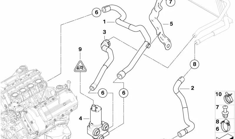 Manguera de bomba auxiliar de refrigerante OEM 64219119155 para BMW E90, E91, E92, E93. Original BMW.