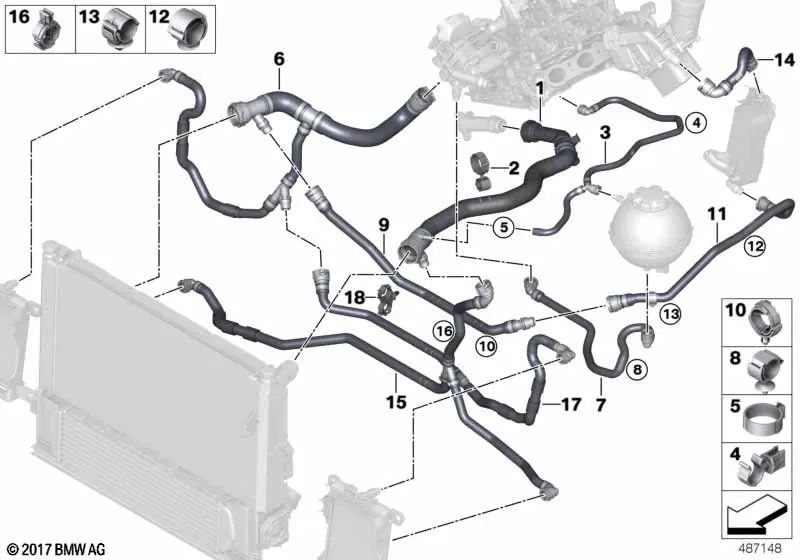 Manguera del radiador de refrigerante para BMW F20N, F21N, F22, F23, F30N, F31N, F35N, F32, F36 (OEM 17128662834). Original BMW