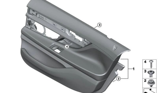 Revestimiento de puerta de cuero trasero izquierdo para BMW G12N (OEM 51427946185). Original BMW