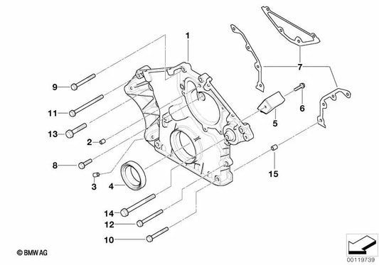 Tapa inferior de la caja de la cadena para BMW Serie 7 E65, E66 (OEM 11147513438). Original BMW