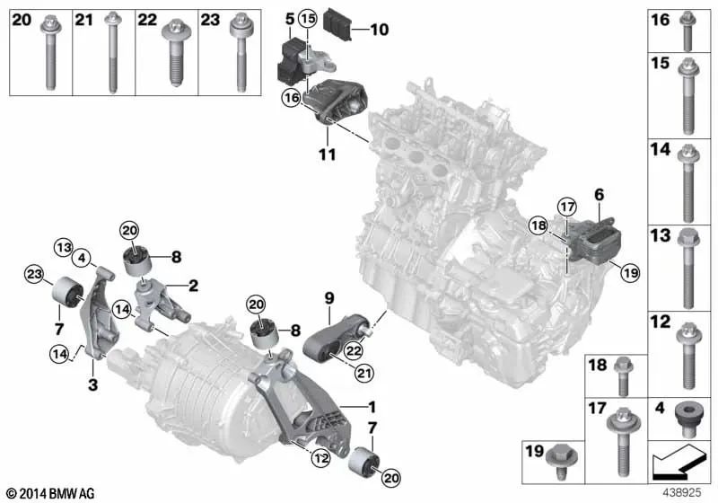 Upper transmission mount for BMW I12, I12N, I15 (OEM 22116856292). Genuine BMW.