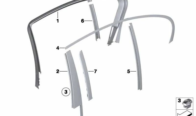 Embellecedor del guion de la ventana izquierdo para BMW Serie 7 F01, F02, F04 (OEM 51357185235). Original BMW