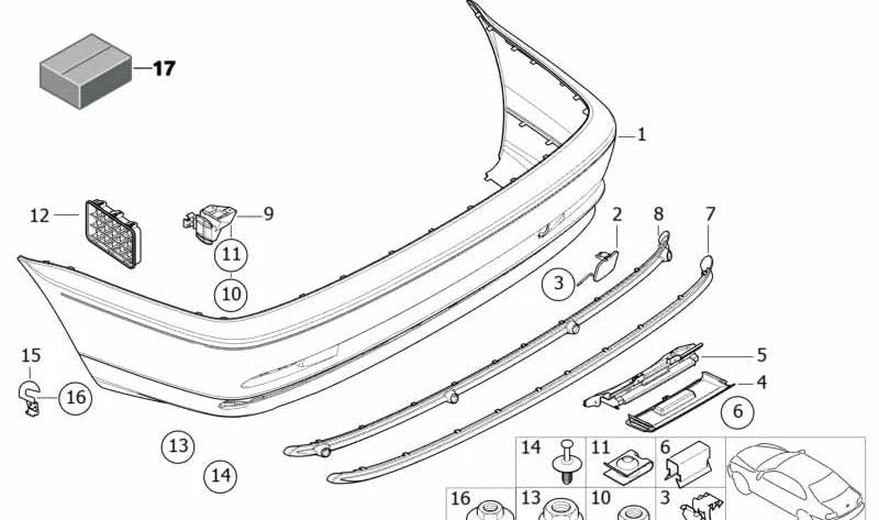 Revestimiento parachoques imprimado trasero para BMW E46 (OEM 51128222609). Original BMW