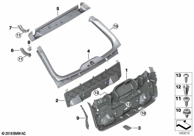 Cubierta bisagra de tapa derecha para BMW G31, G31N (OEM 51497390408). Original BMW