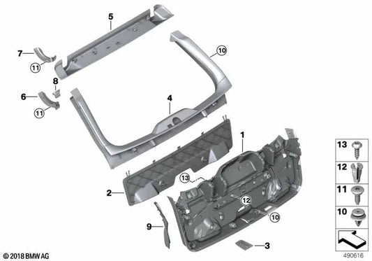 Left Glass Hinge Bracket Cover for BMW 5 Series G31, G31N (OEM 51497390405). Original BMW.