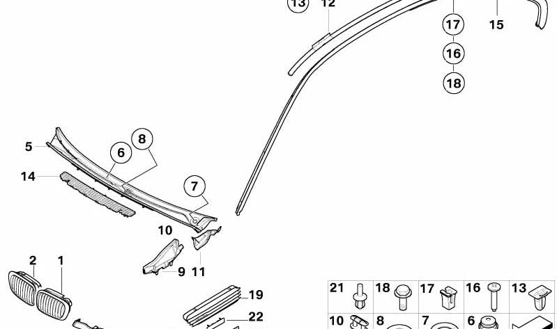 Rejilla decorativa pared lateral delantera derecha para BMW Serie 3 E46 (OEM 51137895914). Original BMW.