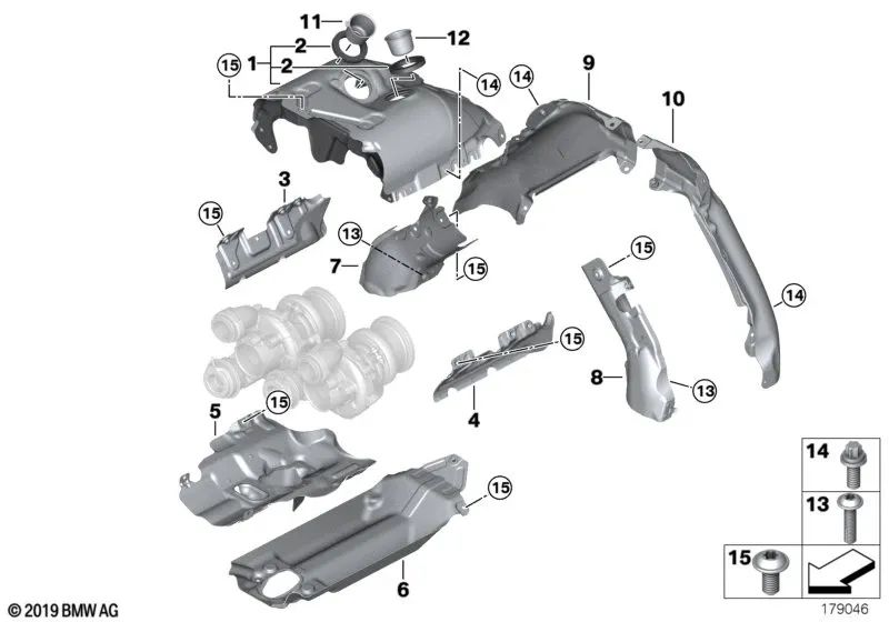 Protección térmica izquierda para BMW Serie 5 F07, F10, F11 Serie 6 F12, F13 Serie 7 F01, F02, F04 X5 E70N, X6 E71, E72 (OEM 11657577006). Original BMW