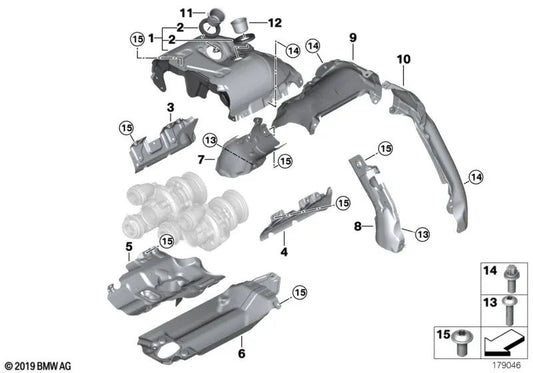 Protección térmica izquierda para BMW Serie 5 F07, F10, F11 Serie 6 F12, F13 Serie 7 F01, F02, F04 X5 E70N, X6 E71, E72 (OEM 11657577006). Original BMW