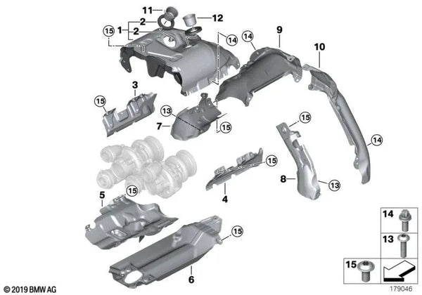 Protección térmica inferior para BMW Serie 5 F07, F10, F11, Serie 6 F06, F12, F13, Serie 7 F01, F02, F04, X5 E70N, F15, X6 E71, F16 (OEM 11657577001). Original BMW