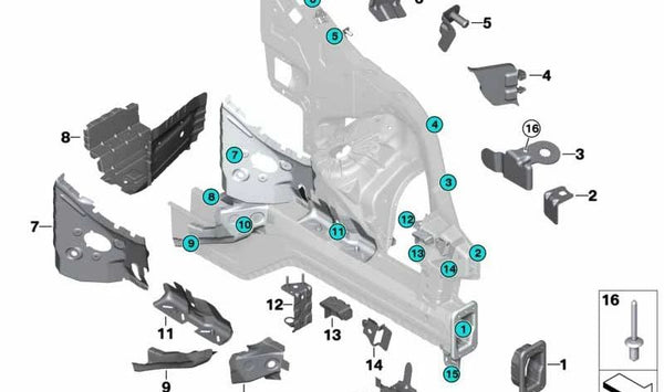 Soporte de manguera de freno izquierda para BMW X5 E70, F15, F85 y X6 E71, F16, F86 (OEM 41117174343). Original BMW.