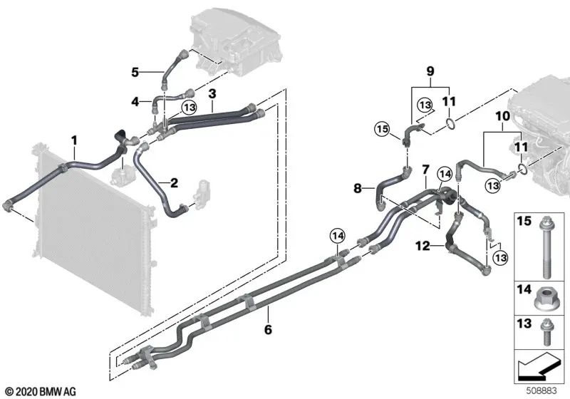 Tubería de ida y retorno parte 1 para BMW F07, F10, F11, F06, F12, F13, F01N, F02N (OEM 17128743374). Original BMW.