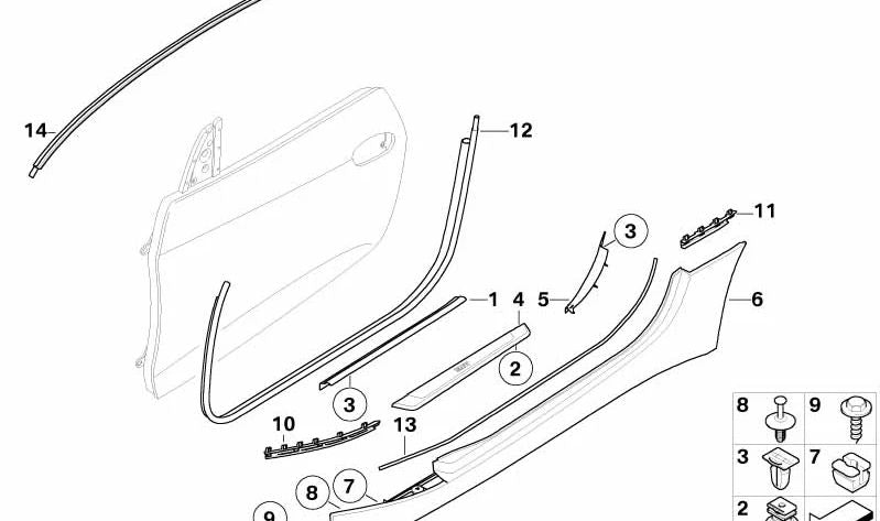 Moldura interior derecha del umbral de puerta OEM 51477055556 para BMW Z4 E85, E86. Original BMW.