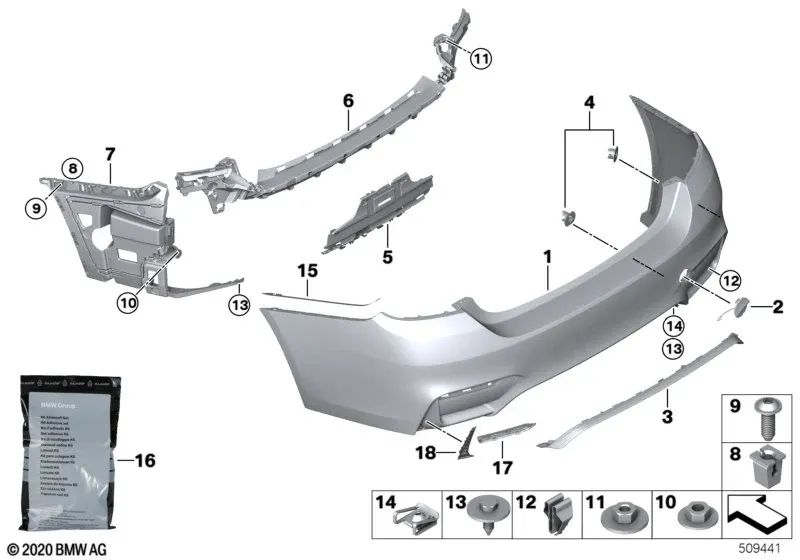 Right side bumper guide for BMW 4 Series F82, F82N, F83, F83N (OEM 51128054288). Original BMW.