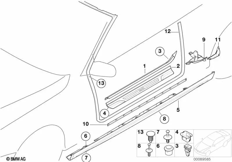 Inner door sill trim (entry moulding) left for BMW 3 Series E46 (OEM 51478239967). Original BMW.