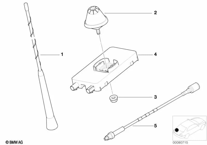 Cabeza de antena de varilla corta para BMW E46 (OEM 65206909605). Original BMW.