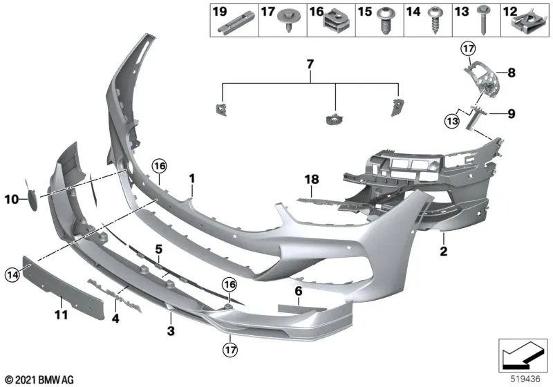 Guía parachoques izquierda inferior para BMW G14, G15, G16 (OEM 51117420891). Original BMW.