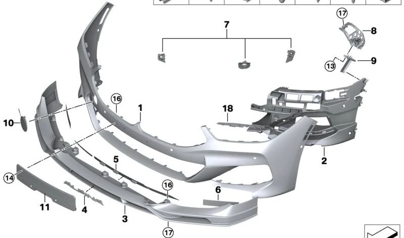 Guía parachoques izquierda superior para BMW G14, G15, G16 (OEM 51117420883). Original BMW.