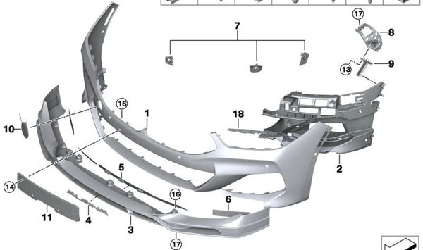 Guía parachoques izquierda superior para BMW G14, G15, G16 (OEM 51117420883). Original BMW.