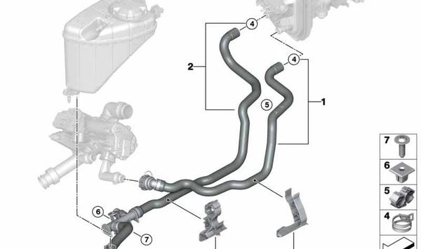 Manguera de retorno del refrigerante OEM 64216821253 para BMW G30, G31, G11, G12, G14, G15, G16. Original BMW.