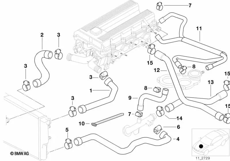 Water hose for BMW 3 Series E36 (OEM 11531743535). Original BMW.