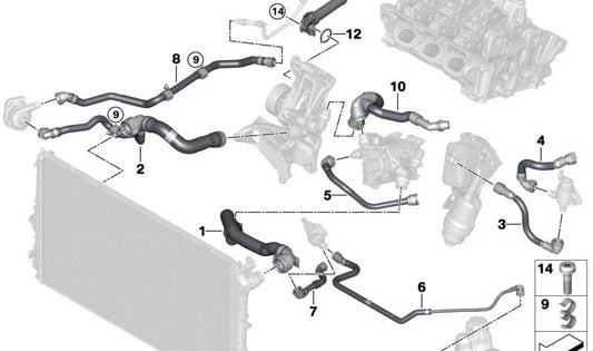 Manguera módulo de gestión térmica OEM 11539896554 para BMW F70, U06, U11, U12, U10, F65, F66, U25. Original BMW.