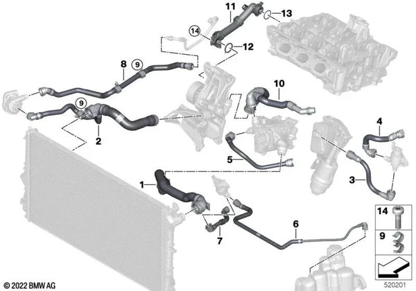 Manguera de radiador de refrigerante - Bomba de agua para BMW Serie 2 U06, X1 U11 (OEM 17125A0C593). Original BMW.