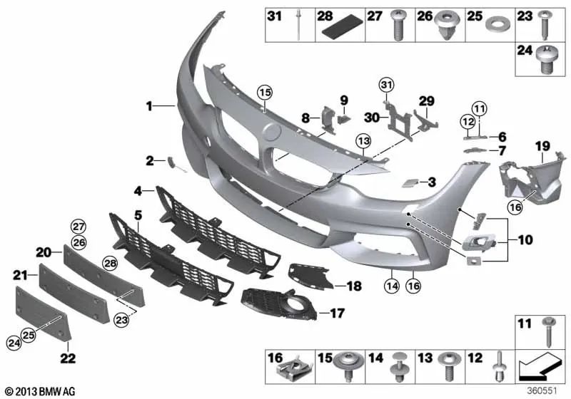 Front primed bumper trim for BMW F32, F33, F36 (OEM 51118061927). Original BMW.