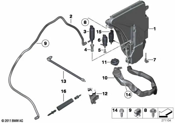 Depósito de líquido limpiaparabrisas para BMW F11, F11N (OEM 61667269670). Original BMW.