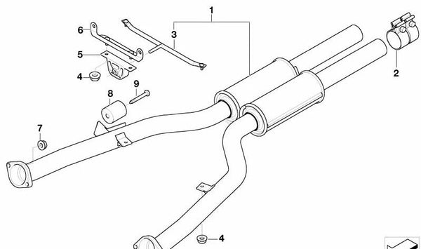 Tuberías de escape con silenciador delantero para BMW Serie 5 E60, E60N, E61, Serie 6 E63, E64 (OEM 18307537344). Original BMW.