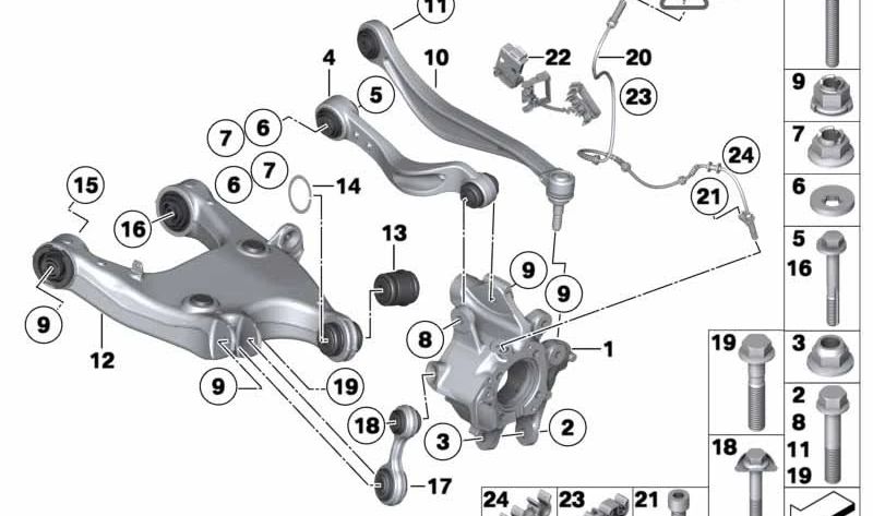 Portarruedas trasero derecho para BMW F01, F01N, F02, F02N, F04 (OEM 33326796498). Original BMW