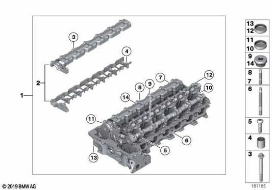 Cylinder head with valve train for BMW E90, E90N, E91, E91N, E92, E92N, E93, E93N, E60, E60N, E61, E61N, F10, F11, F18, E83N, E85, E89 (OEM 11127591618). Genuine BMW.